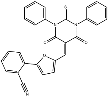 2-{5-[(4,6-dioxo-1,3-diphenyl-2-thioxotetrahydro-5(2H)-pyrimidinylidene)methyl]-2-furyl}benzonitrile 结构式