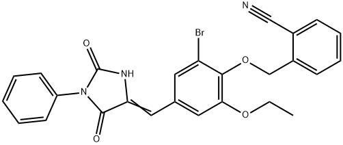 2-({2-bromo-4-[(2,5-dioxo-1-phenylimidazolidin-4-ylidene)methyl]-6-ethoxyphenoxy}methyl)benzonitrile 结构式