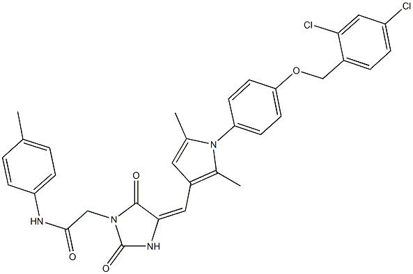 2-{4-[(1-{4-[(2,4-dichlorobenzyl)oxy]phenyl}-2,5-dimethyl-1H-pyrrol-3-yl)methylene]-2,5-dioxoimidazolidin-1-yl}-N-(4-methylphenyl)acetamide 结构式