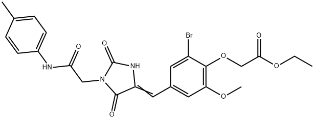 ethyl [2-bromo-4-({2,5-dioxo-1-[2-oxo-2-(4-toluidino)ethyl]-4-imidazolidinylidene}methyl)-6-methoxyphenoxy]acetate 结构式