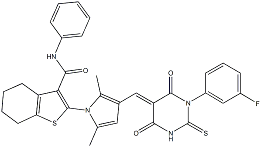 2-{3-[(1-(3-fluorophenyl)-4,6-dioxo-2-thioxotetrahydro-5(2H)-pyrimidinylidene)methyl]-2,5-dimethyl-1H-pyrrol-1-yl}-N-phenyl-4,5,6,7-tetrahydro-1-benzothiophene-3-carboxamide 结构式