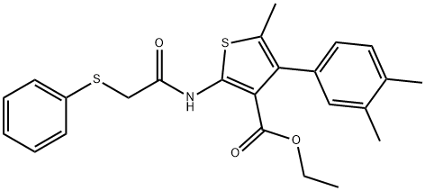 ethyl 4-(3,4-dimethylphenyl)-5-methyl-2-{[(phenylsulfanyl)acetyl]amino}-3-thiophenecarboxylate 结构式