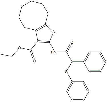 ethyl 2-{[phenyl(phenylsulfanyl)acetyl]amino}-4,5,6,7,8,9-hexahydrocycloocta[b]thiophene-3-carboxylate 结构式