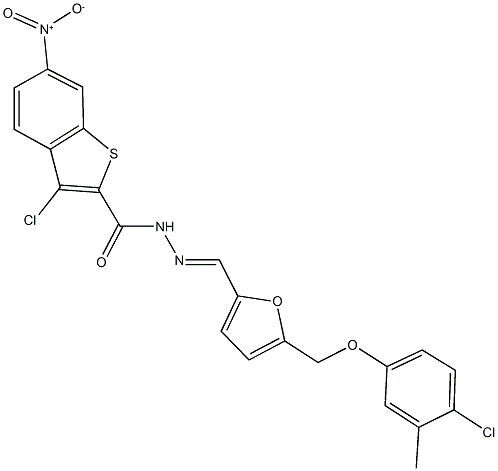 3-chloro-N'-({5-[(4-chloro-3-methylphenoxy)methyl]-2-furyl}methylene)-6-nitro-1-benzothiophene-2-carbohydrazide 结构式