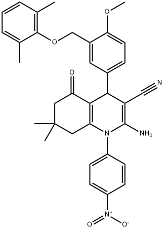 2-amino-4-{3-[(2,6-dimethylphenoxy)methyl]-4-methoxyphenyl}-1-{4-nitrophenyl}-7,7-dimethyl-5-oxo-1,4,5,6,7,8-hexahydroquinoline-3-carbonitrile 结构式