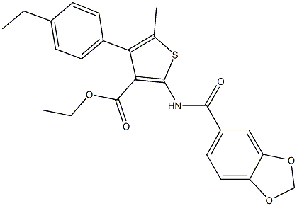 ethyl 2-[(1,3-benzodioxol-5-ylcarbonyl)amino]-4-(4-ethylphenyl)-5-methyl-3-thiophenecarboxylate 结构式