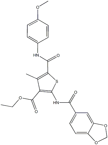 ethyl 2-[(1,3-benzodioxol-5-ylcarbonyl)amino]-5-[(4-methoxyanilino)carbonyl]-4-methylthiophene-3-carboxylate 结构式