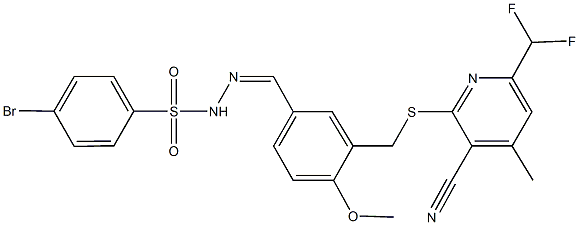 4-bromo-N'-[3-({[3-cyano-6-(difluoromethyl)-4-methyl-2-pyridinyl]sulfanyl}methyl)-4-methoxybenzylidene]benzenesulfonohydrazide 结构式