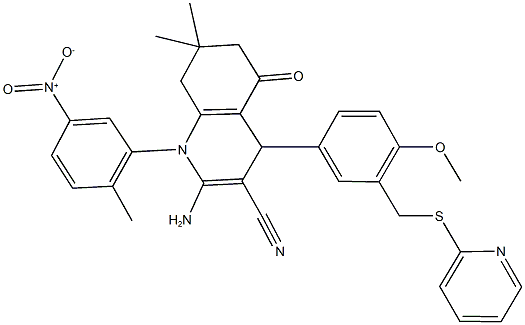 2-amino-1-{5-nitro-2-methylphenyl}-4-{4-methoxy-3-[(pyridin-2-ylsulfanyl)methyl]phenyl}-7,7-dimethyl-5-oxo-1,4,5,6,7,8-hexahydroquinoline-3-carbonitrile 结构式