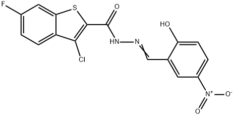 3-chloro-6-fluoro-N'-{2-hydroxy-5-nitrobenzylidene}-1-benzothiophene-2-carbohydrazide 结构式
