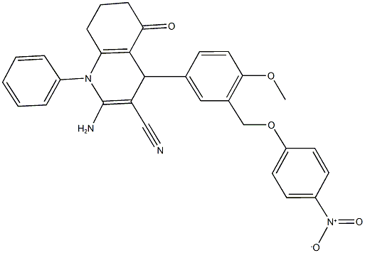 2-amino-4-[3-({4-nitrophenoxy}methyl)-4-methoxyphenyl]-5-oxo-1-phenyl-1,4,5,6,7,8-hexahydroquinoline-3-carbonitrile 结构式