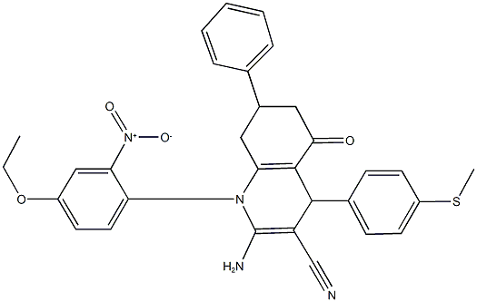 2-amino-1-{4-ethoxy-2-nitrophenyl}-4-[4-(methylsulfanyl)phenyl]-5-oxo-7-phenyl-1,4,5,6,7,8-hexahydro-3-quinolinecarbonitrile 结构式