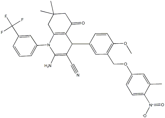 2-amino-4-[3-({4-nitro-3-methylphenoxy}methyl)-4-methoxyphenyl]-7,7-dimethyl-5-oxo-1-[3-(trifluoromethyl)phenyl]-1,4,5,6,7,8-hexahydroquinoline-3-carbonitrile 结构式
