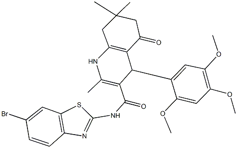 N-(6-bromo-1,3-benzothiazol-2-yl)-2,7,7-trimethyl-5-oxo-4-(2,4,5-trimethoxyphenyl)-1,4,5,6,7,8-hexahydroquinoline-3-carboxamide 结构式