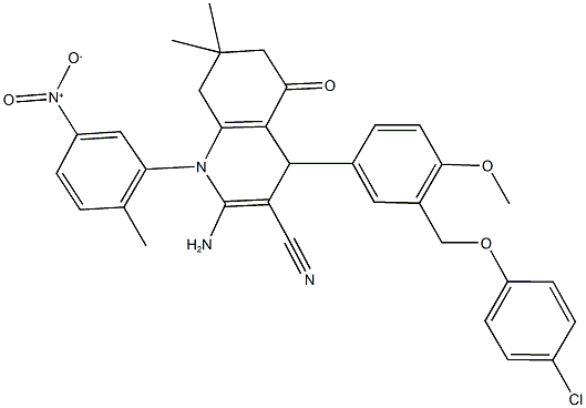 2-amino-4-{3-[(4-chlorophenoxy)methyl]-4-methoxyphenyl}-1-{5-nitro-2-methylphenyl}-7,7-dimethyl-5-oxo-1,4,5,6,7,8-hexahydroquinoline-3-carbonitrile 结构式