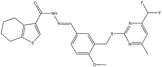 N'-[3-({[4-(difluoromethyl)-6-methyl-2-pyrimidinyl]sulfanyl}methyl)-4-methoxybenzylidene]-4,5,6,7-tetrahydro-1-benzothiophene-3-carbohydrazide 结构式