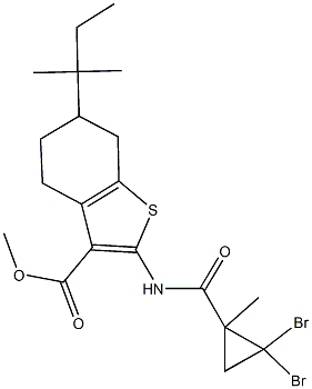 methyl 2-{[(2,2-dibromo-1-methylcyclopropyl)carbonyl]amino}-6-tert-pentyl-4,5,6,7-tetrahydro-1-benzothiophene-3-carboxylate 结构式