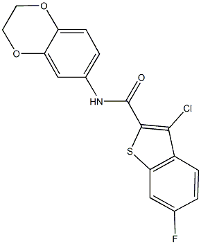 3-chloro-N-(2,3-dihydro-1,4-benzodioxin-6-yl)-6-fluoro-1-benzothiophene-2-carboxamide 结构式