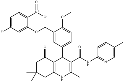 4-[3-({5-fluoro-2-nitrophenoxy}methyl)-4-methoxyphenyl]-2,7,7-trimethyl-N-(5-methylpyridin-2-yl)-5-oxo-1,4,5,6,7,8-hexahydroquinoline-3-carboxamide 结构式