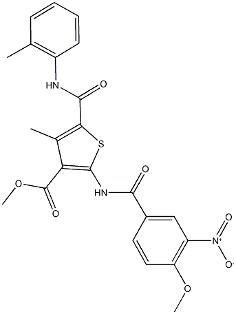 methyl 2-({3-nitro-4-methoxybenzoyl}amino)-4-methyl-5-(2-toluidinocarbonyl)-3-thiophenecarboxylate 结构式