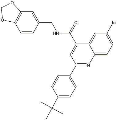 N-(1,3-benzodioxol-5-ylmethyl)-6-bromo-2-(4-tert-butylphenyl)-4-quinolinecarboxamide 结构式