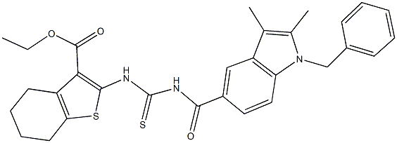 ethyl 2-[({[(1-benzyl-2,3-dimethyl-1H-indol-5-yl)carbonyl]amino}carbothioyl)amino]-4,5,6,7-tetrahydro-1-benzothiophene-3-carboxylate 结构式