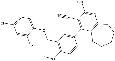 2-amino-4-{3-[(2-bromo-4-chlorophenoxy)methyl]-4-methoxyphenyl}-6,7,8,9-tetrahydro-5H-cyclohepta[b]pyridine-3-carbonitrile 结构式