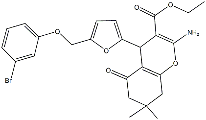 ethyl 2-amino-4-{5-[(3-bromophenoxy)methyl]-2-furyl}-7,7-dimethyl-5-oxo-5,6,7,8-tetrahydro-4H-chromene-3-carboxylate 结构式