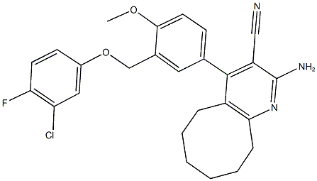 2-amino-4-{3-[(3-chloro-4-fluorophenoxy)methyl]-4-methoxyphenyl}-5,6,7,8,9,10-hexahydrocycloocta[b]pyridine-3-carbonitrile 结构式