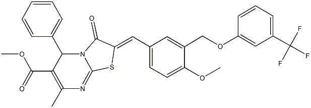 methyl 2-(4-methoxy-3-{[3-(trifluoromethyl)phenoxy]methyl}benzylidene)-7-methyl-3-oxo-5-phenyl-2,3-dihydro-5H-[1,3]thiazolo[3,2-a]pyrimidine-6-carboxylate 结构式