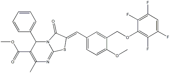 methyl 2-{4-methoxy-3-[(2,3,5,6-tetrafluorophenoxy)methyl]benzylidene}-7-methyl-3-oxo-5-phenyl-2,3-dihydro-5H-[1,3]thiazolo[3,2-a]pyrimidine-6-carboxylate 结构式