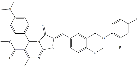 methyl 2-{3-[(2,4-difluorophenoxy)methyl]-4-methoxybenzylidene}-5-[4-(dimethylamino)phenyl]-7-methyl-3-oxo-2,3-dihydro-5H-[1,3]thiazolo[3,2-a]pyrimidine-6-carboxylate 结构式