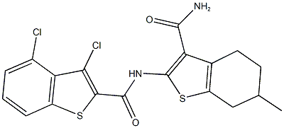 N-[3-(aminocarbonyl)-6-methyl-4,5,6,7-tetrahydro-1-benzothien-2-yl]-3,4-dichloro-1-benzothiophene-2-carboxamide 结构式