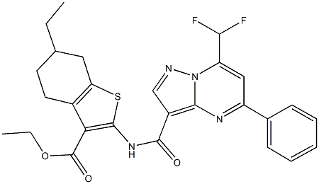 ethyl 2-({[7-(difluoromethyl)-5-phenylpyrazolo[1,5-a]pyrimidin-3-yl]carbonyl}amino)-6-ethyl-4,5,6,7-tetrahydro-1-benzothiophene-3-carboxylate 结构式
