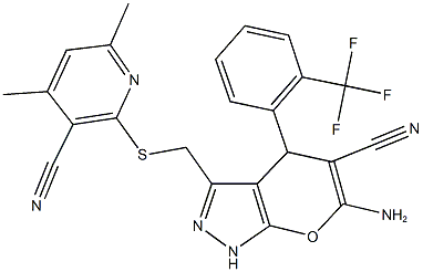 6-amino-3-{[(3-cyano-4,6-dimethyl-2-pyridinyl)sulfanyl]methyl}-4-[2-(trifluoromethyl)phenyl]-1,4-dihydropyrano[2,3-c]pyrazole-5-carbonitrile 结构式