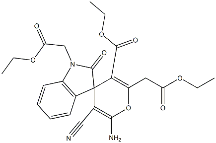 ethyl (6'-amino-5'-cyano-3'-ethoxycarbonyl-2'-(2'-ethoxy-2'-oxoethyl)-2-oxo-2,3-dihydrospiro[1H-indole-3,4'-(4'H)-pyran]-1-yl)acetate 结构式