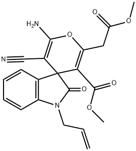 1-allyl-6'-amino-5'-cyano-1,3-dihydro-3'-methoxycarbonyl-2'-(2'-methoxy-2'-oxoethyl)-2-oxo-spiro[2H-indole-3,4'-(4'H)-pyran] 结构式