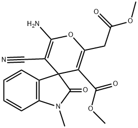 1-methyl-6'-amino-5'-cyano-1,3-dihydro-3'-methoxycarbonyl-2'-(2'-methoxy-2'-oxoethyl)-2-oxo-spiro[2H-indole-3,4'-(4'H)-pyran] 结构式