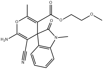 3-{2-methoxyethoxycarbonyl}-6-amino-5-cyano-1',3'-dihydro-1',2-dimethyl-2'-oxospiro[4H-pyran-4,3'-(2'H)-indole] 结构式