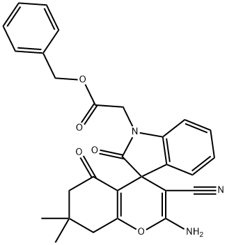 benzyl (2'-amino-3'-cyano-2-oxo-7',7'-dimethyl-2,3,5',6',7',8'-hexahydro-5'-oxospiro[1H-indole-3,4'-(4'H)-chromene]-1-yl)acetate 结构式