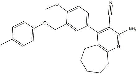 2-amino-4-{4-methoxy-3-[(4-methylphenoxy)methyl]phenyl}-6,7,8,9-tetrahydro-5H-cyclohepta[b]pyridine-3-carbonitrile 结构式