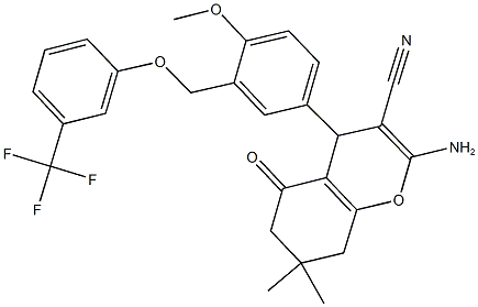 2-amino-4-(4-methoxy-3-{[3-(trifluoromethyl)phenoxy]methyl}phenyl)-7,7-dimethyl-5-oxo-5,6,7,8-tetrahydro-4H-chromene-3-carbonitrile 结构式