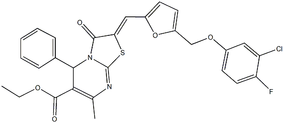 ethyl 2-({5-[(3-chloro-4-fluorophenoxy)methyl]-2-furyl}methylene)-7-methyl-3-oxo-5-phenyl-2,3-dihydro-5H-[1,3]thiazolo[3,2-a]pyrimidine-6-carboxylate 结构式