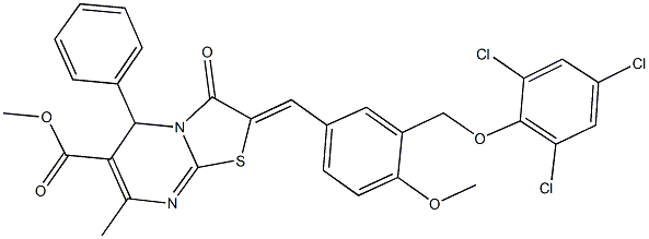 methyl 2-{4-methoxy-3-[(2,4,6-trichlorophenoxy)methyl]benzylidene}-7-methyl-3-oxo-5-phenyl-2,3-dihydro-5H-[1,3]thiazolo[3,2-a]pyrimidine-6-carboxylate 结构式