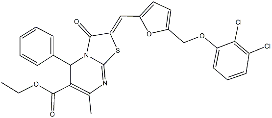 ethyl 2-({5-[(2,3-dichlorophenoxy)methyl]-2-furyl}methylene)-7-methyl-3-oxo-5-phenyl-2,3-dihydro-5H-[1,3]thiazolo[3,2-a]pyrimidine-6-carboxylate 结构式