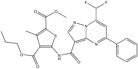 2-methyl 4-propyl 5-({[7-(difluoromethyl)-5-phenylpyrazolo[1,5-a]pyrimidin-3-yl]carbonyl}amino)-3-methyl-2,4-thiophenedicarboxylate 结构式