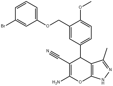 6-amino-4-{3-[(3-bromophenoxy)methyl]-4-methoxyphenyl}-3-methyl-1,4-dihydropyrano[2,3-c]pyrazole-5-carbonitrile 结构式