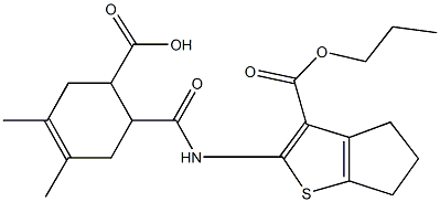 3,4-dimethyl-6-({[3-(propoxycarbonyl)-5,6-dihydro-4H-cyclopenta[b]thien-2-yl]amino}carbonyl)-3-cyclohexene-1-carboxylic acid 结构式