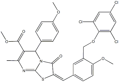 methyl 5-(4-methoxyphenyl)-2-{4-methoxy-3-[(2,4,6-trichlorophenoxy)methyl]benzylidene}-7-methyl-3-oxo-2,3-dihydro-5H-[1,3]thiazolo[3,2-a]pyrimidine-6-carboxylate 结构式