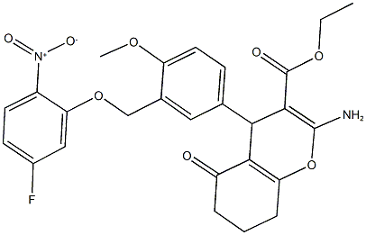 ethyl 2-amino-4-[3-({5-fluoro-2-nitrophenoxy}methyl)-4-methoxyphenyl]-5-oxo-5,6,7,8-tetrahydro-4H-chromene-3-carboxylate 结构式